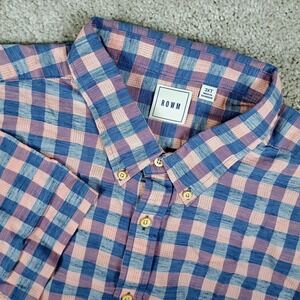 ROWM Mens 3XT Pink Blue Madras Plaid Short Sleeve Button Front Shirt